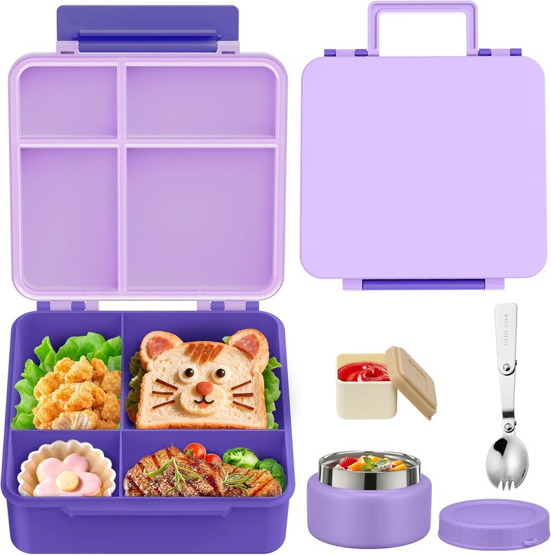 Aimsnk Bento Lunch Box for Kids with 9oz Soup Thermo Leak-Proof Lunch Food Container with 5 Compartment Thermo Hot Food Jar and Insulated Lunch Bag for Kid Toddler Girls Boys to School(Purple) - Image 1